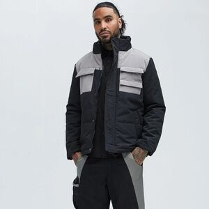 NWT American Stitch Black Gray Color Block Button Puffer Jacket Size Small